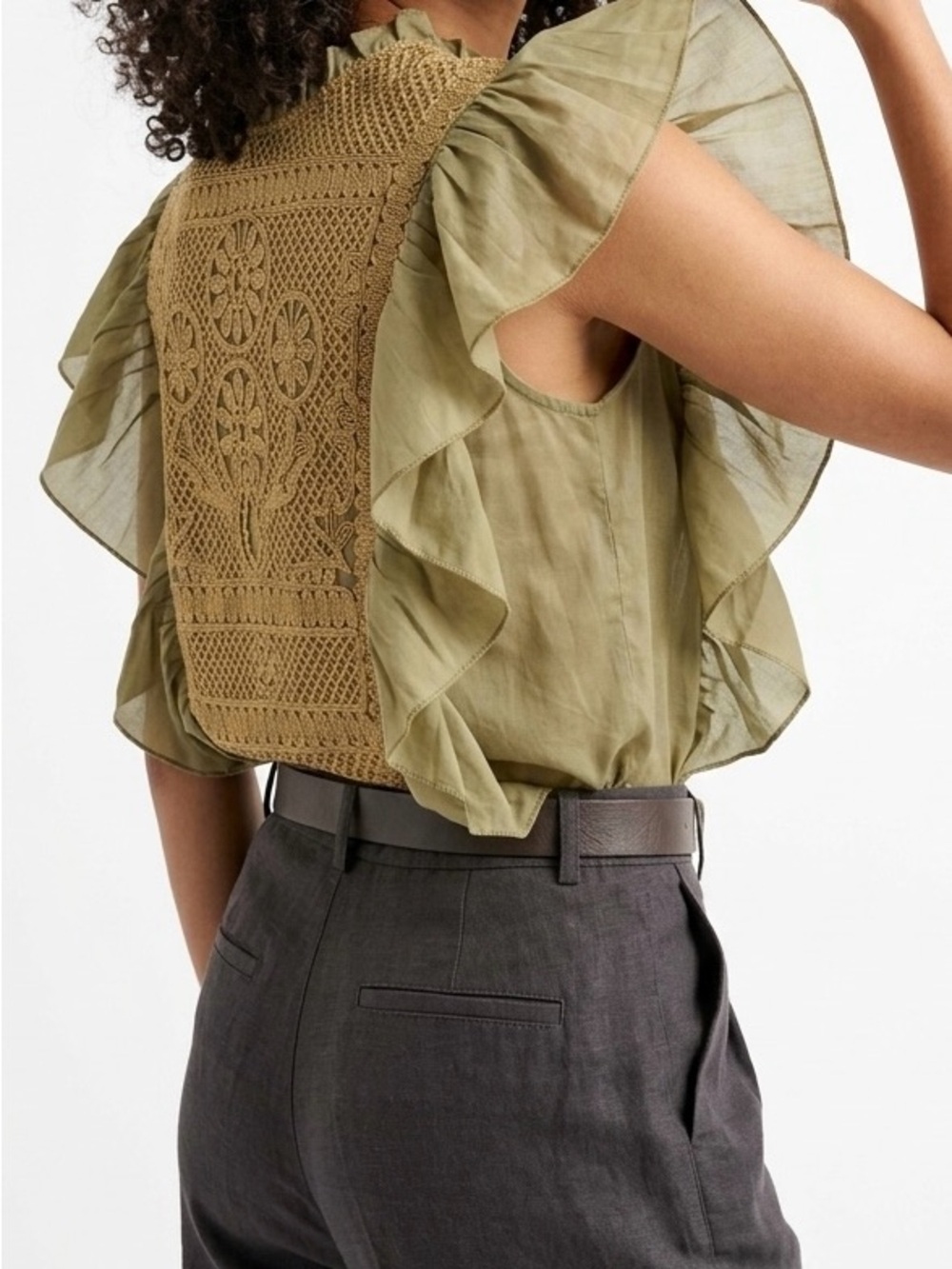 JOIE Boho Luxe Embroidered Lace Bib Blouse Ruffle Flutter Sleeve Canteen Green M
